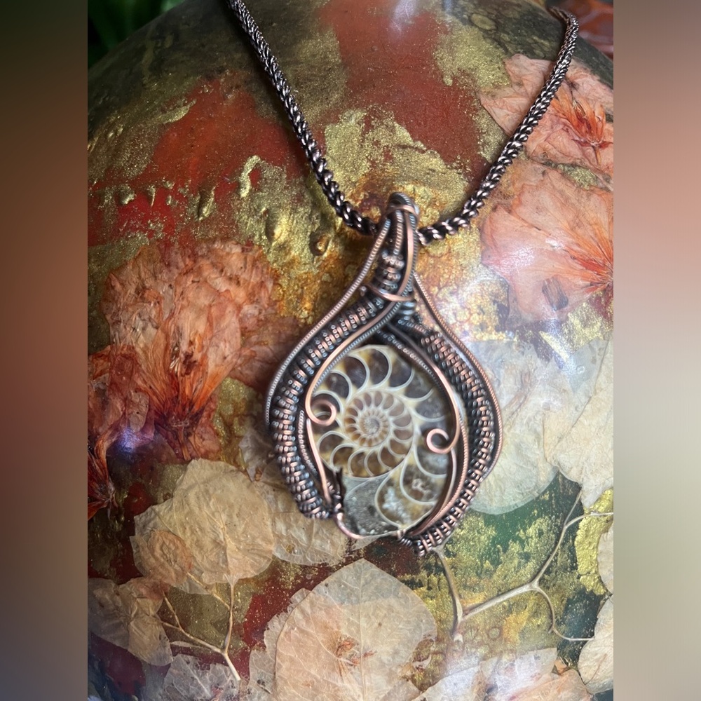 Stunning Ammonite Fossil Pendant Handmade With Stunning Copper Wire and Chain